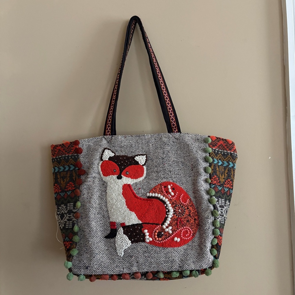 America & Beyond Colorful Beaded Fox Patterned Tote Bag